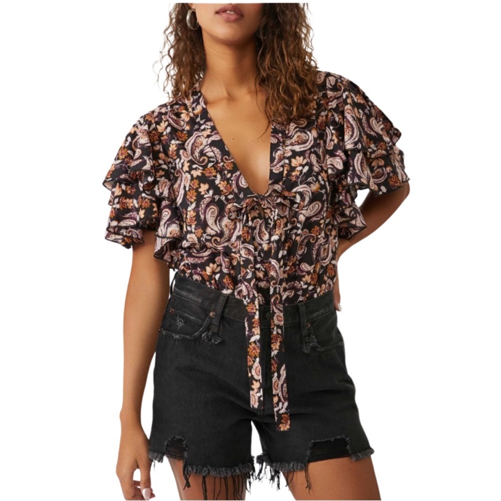Free People Call Me Later Print Tie Neck Bodysuit. Small NWT